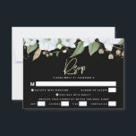 Bat Mitzvah Black Gold Script Watercolor Floral RSVP Card<br><div class="desc">Be proud, rejoice and celebrate this milestone of your favourite Bat Mitzvah with this sophisticated, personalized RSVP insert card for your event! A chic, stunning, white and gold glitter floral watercolor with faux gold foil script typography and white sans serif type overlay a dramatic black background. Additional watercolor flowers and...</div>