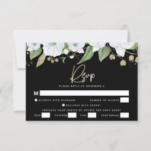Bat Mitzvah Black Gold Script Watercolor Floral RSVP Card