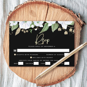 Bat Mitzvah Black Gold Script Watercolor Floral RSVP Card