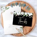Bat Mitzvah Black Gold Script Watercolor Floral Thank You Card<br><div class="desc">Make sure your favourite Bat Mitzvah shows her appreciation to all who supported her milestone event! Send out this sophisticated, personalized thank you card! A chic, stunning, white and gold glitter floral watercolor with faux gold foil script typography and white san serif type overlays a dramatic black background. Additional watercolor...</div>