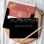 Bat Mitzvah Black Gold Tropical Floral Watercolor Envelope<br><div class="desc">Open up this black envelope and you’ll find a surprise, graphic visual of colourful tropical watercolor birds of paradise flowers and a faux gold foil Star of David and tiny glitter dots overlaying a soft dusty, rose pink background. The outside back flap boasts faux gold glitter dots and modern sans...</div>