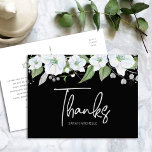 Bat Mitzvah Black Silver Script Floral Thank You Postcard<br><div class="desc">Make sure your favourite Bat Mitzvah shows her appreciation to all who supported her milestone event! Send out this sophisticated, personalized thank you postcard! A chic, stunning, white and gold glitter floral watercolor with faux gold foil script typography and white san serif type overlays a dramatic black background. A gold...</div>