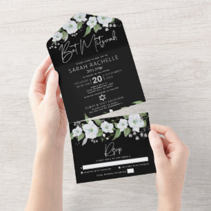 Bat Mitzvah Black Silver Script Floral Watercolor All In One Invitation