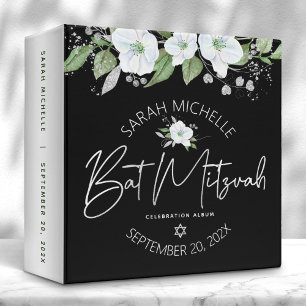 Bat Mitzvah Black Silver Script Floral Watercolor Binder