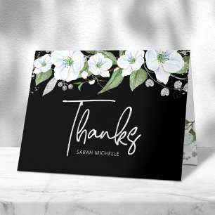 Bat Mitzvah Black Silver Script Floral Watercolor Thank You Card