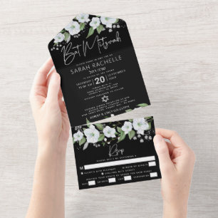 Bat Mitzvah Black Silver Script Watercolor Floral All In One Invitation