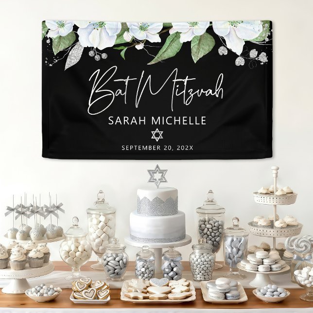 Bat Mitzvah Black Silver Script Watercolor Floral Banner (Creator Uploaded)