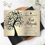 Bat Mitzvah Black Tree of Life Script Gold Foil  Invitation<br><div class="desc">Be proud, rejoice and showcase this milestone of your favourite Bat Mitzvah! This graphic black tree with Star of David and dot “leaves”, along with black calligraphy script, all on a sophisticated, faux gold glitter dots and foil ombre background, is the perfect invitation for this special occasion. A faux gold...</div>