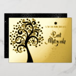 Bat Mitzvah Black Tree of Life Script Real Gold<br><div class="desc">Be proud, rejoice and showcase this milestone of your favourite Bat Mitzvah! This graphic, black tree of life with sparkly Star of David and dot “leaves” with black calligraphy script on a sophisticated, real gold foil background, is the perfect invitation for this special occasion. A faux gold Star of David...</div>