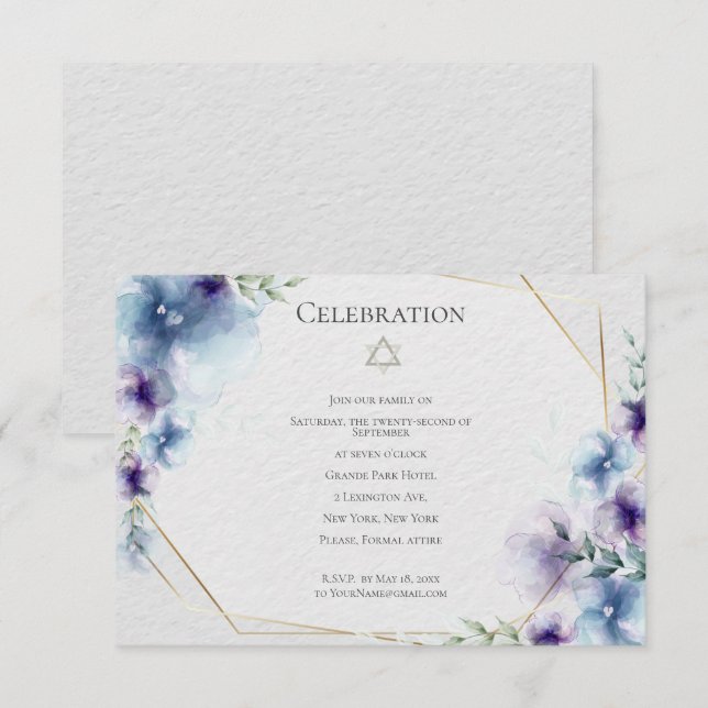 BAT MITZVAH | Blue and Violet Watercolor Floral Invitation (Front/Back)