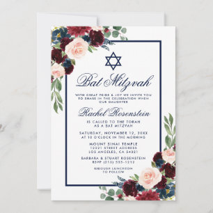 Bat mitzvah Blue Bourgogne Floral Invitation