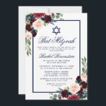 Bat Mitzvah Blue Burgundy Floral Invitation<br><div class="desc">Bat Mitzvah Watercolor Burgundy Marsala Blue Floral Invitation Card</div>