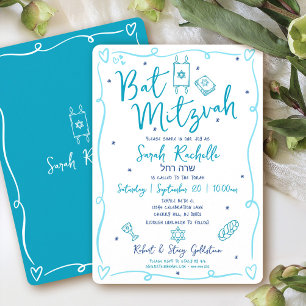 Bat Mitzvah Blue Fun Hand Drawn Doodle Hebrew Name Invitation
