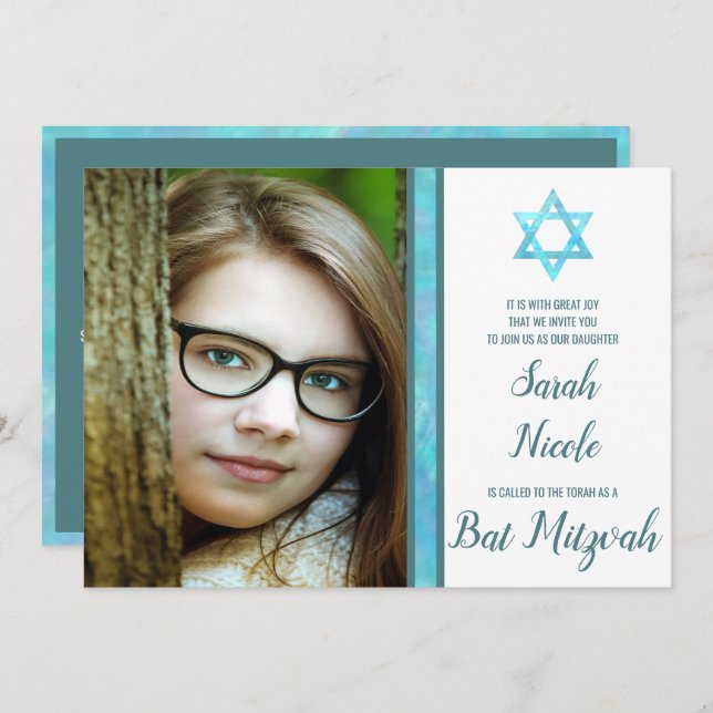 Bat Mitzvah Blue Opal Modern Photo Chic Stylish Invitation (Front/Back)