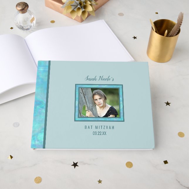 Bat Mitzvah Blue Opal Special Occasion Photo Guest Book (Front Open)