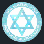 Bat Mitzvah Blue Opal Star Of David Thank You Classic Round Sticker<br><div class="desc">All text on these classic round stickers can be customized, making these faux blue opal Star of David envelope seals perfect for a Bat Mitzvah Thank You favour or for any special occasion you wish to personalize them for. The Magen David fashioned out of faux blue iridescent watercolor pops against...</div>