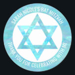 Bat Mitzvah Blue Opal Star Of David Thank You Classic Round Sticker<br><div class="desc">All text on these classic round stickers can be customized, making these faux blue opal Star of David envelope seals perfect for a Bat Mitzvah Thank You favour or for any special occasion you wish to personalize them for. The Magen David fashioned out of faux blue iridescent watercolor pops against...</div>