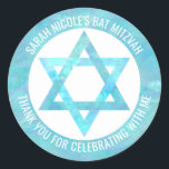 Bat Mitzvah Blue Opal Star Of David Thank You Classic Round Sticker<br><div class="desc">All text on these classic round stickers can be customized, making these faux blue opal Star of David envelope seals perfect for a Bat Mitzvah Thank You favour or for any special occasion you wish to personalize them for. The Magen David fashioned out of faux blue iridescent watercolor pops against...</div>