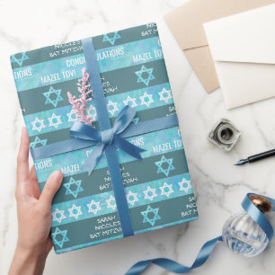 Bat Mitzvah Blue Opal Stylish Stripe Pattern Wrapping Paper