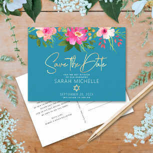 Bat Mitzvah Blue Save the Date Floral Watercolor Invitation Postcard