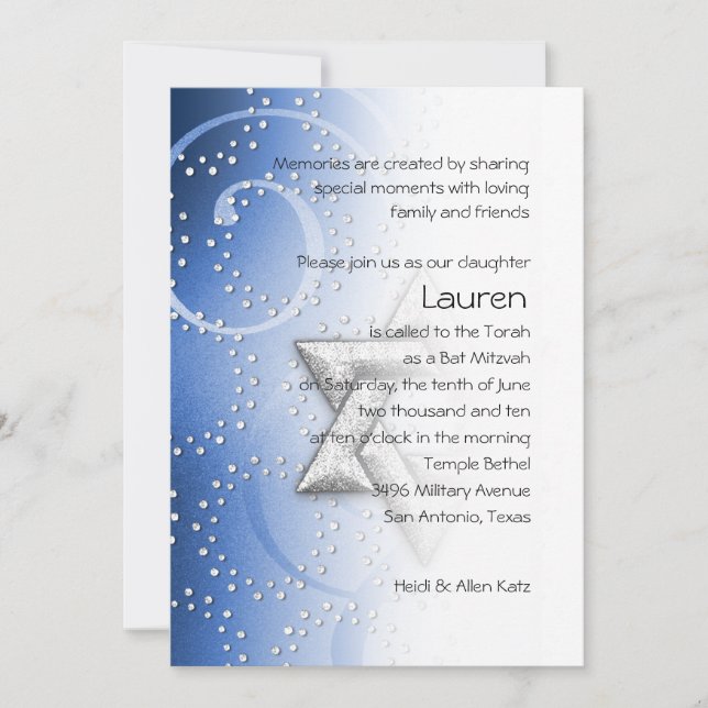 Bat Mitzvah Blue Shimmer Star of David Invitation (Front)