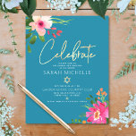 Bat Mitzvah Blue Watercolor Floral Gold Script Enclosure Card<br><div class="desc">Be proud, rejoice and showcase this milestone of your favourite Bat Mitzvah! Include this modern, sparkly, personalized insert for additional information to your event. A stunning, pink and peach floral watercolor with faux gold foil script typography and modern white sans serif type overlay a dusty turquoise teal blue background. Additional...</div>