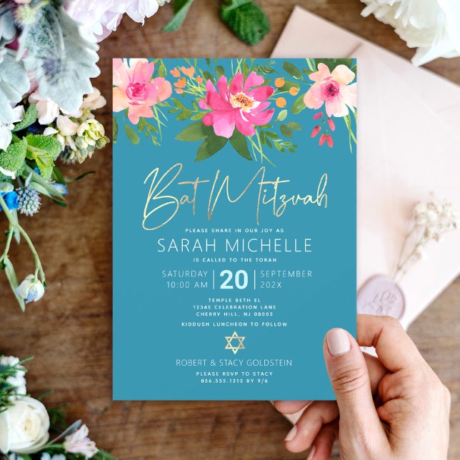 Bat Mitzvah Blue Watercolor Floral Gold Script Invitation (Creator Uploaded)