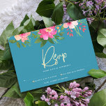 Bat Mitzvah Blue Watercolor Floral Gold Script RSVP Card<br><div class="desc">Be proud, rejoice and celebrate this milestone of your favourite Bat Mitzvah with this sophisticated, personalized RSVP insert card for your event! A stunning, pink and peach floral watercolor with faux gold foil script typography and modern white sans serif type overlay a dusty turquoise teal blue background. Additional watercolor flowers...</div>
