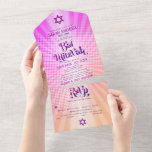 Bat Mitzvah Boho Retro Pink Orange Gradient Bold All In One Invitation<br><div class="desc">Be proud, rejoice and showcase this milestone of your favourite Bat Mitzvah with this fun boho retro, custom all-in-one invitation for an event to remember. Hip, groovy, bold dark hot pink and purple typography with modern sans serif typography overlay a background of pop light orange and pink ombre gradient rays...</div>