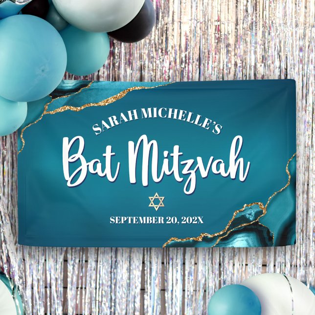 Bat Mitzvah Bold Agate Gold Turquoise Ombre Script Banner (Creator Uploaded)