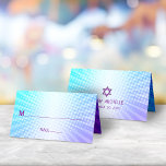 Bat Mitzvah Bold Boho Retro Blue Purple Gradient Place Card<br><div class="desc">No Bat Mitzvah party is complete without personalized place cards. Let your favourite Bat Mitzvah be proud, rejoice and celebrate her milestone at her perfectly coordinated party. Fun, bold purple typography and Star of David overlay a background of pop light turquoise and purple ombre gradient rays with white dots. A...</div>