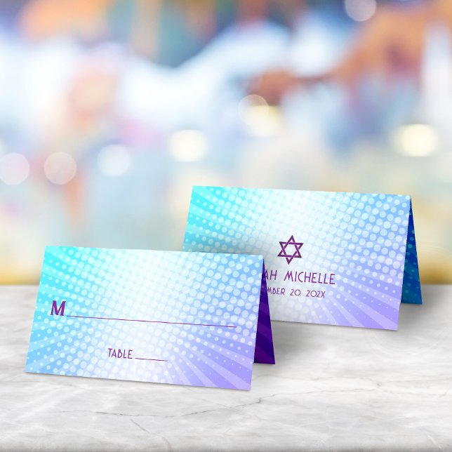 Bat Mitzvah Bold Boho Retro Blue Purple Gradient Place Card (Creator Uploaded)