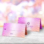 Bat Mitzvah Bold Boho Retro Pink Orange Gradient Place Card<br><div class="desc">No Bat Mitzvah party is complete without personalized place cards. Let your favourite Bat Mitzvah be proud, rejoice and celebrate her milestone at her perfectly coordinated party. Fun, hot pink purple typography and Star of David overlay a background of pop light orange and pink ombre gradient rays with white dots....</div>