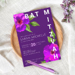Bat Mitzvah Bold Modern Purple Floral Watercolor Invitation<br><div class="desc">Be proud, rejoice and showcase this milestone of your favourite Bat Mitzvah with this sophisticated, personalized invitation! A chic, stunning, purple pink floral watercolor with modern san serif type overlays a dark purple plum background. Personalize the custom text with your Bat Mitzvah’s name, date, and venue information. Guaranteed to add...</div>