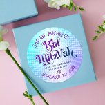 Bat Mitzvah Bold Retro Boho Blue Purple Gradient Classic Round Sticker<br><div class="desc">Be proud, rejoice and showcase this milestone of your favourite Bat Mitzvah! Use this boho retro, personalized sticker to add to her special day. Fun, trendy, bold purple and navy blue typography with modern sans serif typography overlay a background of pop light turquoise and purple ombre gradient rays with white...</div>