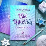 Bat Mitzvah Bold Retro Boho Blue Purple Gradient Invitation<br><div class="desc">Be proud, rejoice and showcase this milestone of your favourite Bat Mitzvah with this fun boho retro, personalized invitation! Fun, trendy, bold purple and navy blue typography with modern sans serif typography overlay a background of pop light turquoise and purple ombre gradient rays with white dots. On the back, a...</div>
