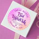 Bat Mitzvah Bold Retro Boho Pink Orange Gradient Classic Round Sticker<br><div class="desc">Be proud, rejoice and showcase this milestone of your favourite Bat Mitzvah! Use this boho retro, personalized sticker to add to her special day. Fun, trendy, bold dark hot pink and purple typography with modern sans serif typography overlay a background of pop light orange and pink ombre gradient rays with...</div>