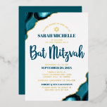Bat Mitzvah Bold Turquoise Agate Script Real Gold<br><div class="desc">Be proud, rejoice and showcase this milestone of your favourite Bat Mitzvah! Send out this cool, unique, modern, personalized real gold foil invitation for an event to remember. Dark teal blue script typography, real gold foil sans serif typography, and a real foil gold Star of David overlay a simple, clean...</div>
