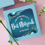 Bat Mitzvah Bold Turquoise Gold Agate Ombre Script Square Sticker<br><div class="desc">Be proud, rejoice and showcase this milestone of your favourite Bat Mitzvah! Use this cool, unique, modern, personalized sticker to add to her special day. White calligraphy script, bold white sans serif typography, and a faux gold Star of David overlay a deep turquoise teal blue ombre background with turquoise blue...</div>