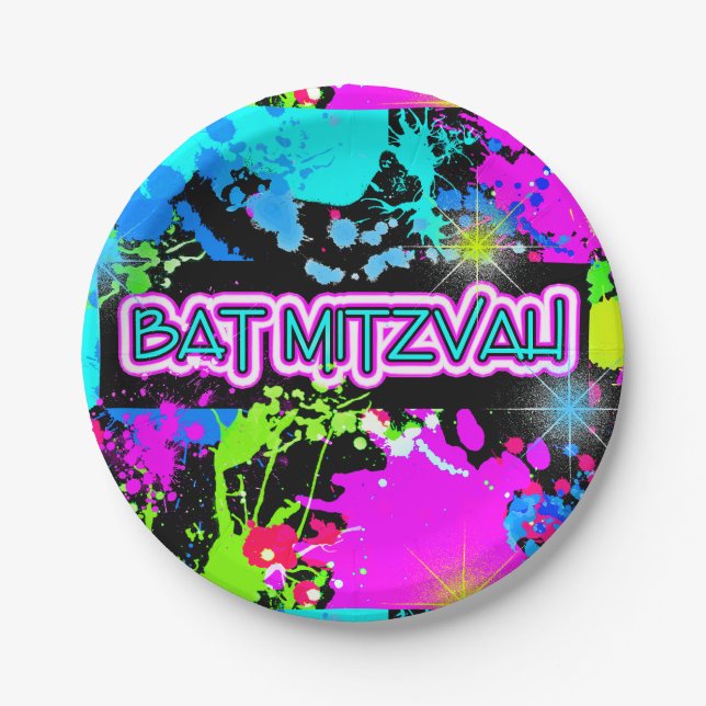 Bat Mitzvah, Bright, Faux Neon Paint Paper Plate (Front)