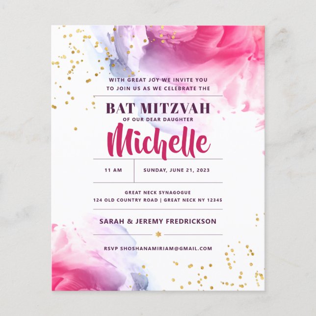 Bat Mitzvah Budget Watercolor Glitter Invitation (Front)