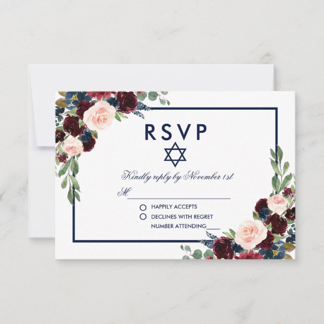 Bat Mitzvah Burgundy Blue Floral RSVP Card (Front)