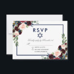 Bat Mitzvah Burgundy Blue Floral Silver RSVP<br><div class="desc">Watercolor Burgundy Marsala Blue  Floral Bat Mitzvah Silver RSVP Card</div>