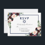 Bat Mitzvah Burgundy Blue Floral Silver RSVP Card<br><div class="desc">Watercolor Burgundy Marsala Blue  Floral Bat Mitzvah Silver RSVP Card</div>