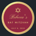 Bat Mitzvah Burgundy Faux Gold Elegant Calligraphy Classic Round Sticker<br><div class="desc">There is a round frame from faux  gold foil,  with golden yellow text on burgundy inside. The name is written in a calligraphic script. Above the name,  there is a star of David from faux gold foil.</div>