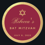Bat Mitzvah Burgundy Faux Gold Elegant Calligraphy Classic Round Sticker<br><div class="desc">There is a round frame from faux  gold foil,  with golden yellow text on burgundy inside. The name is written in a calligraphic script. Above the name,  there is a star of David from faux gold foil.</div>