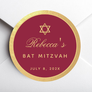 Bat Mitzvah Burgundy Faux Gold Elegant Calligraphy Classic Round Sticker