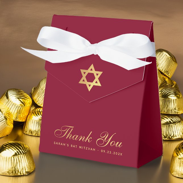 Bat Mitzvah Burgundy Faux Gold Foil Star Thank You Favor Box (Creator Uploaded)