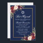 Bat Mitzvah Burgundy Floral Blue Gold Invitation<br><div class="desc">Bat Mitzvah Watercolor Burgundy Marsala Floral Blue Gold Invitation Card</div>