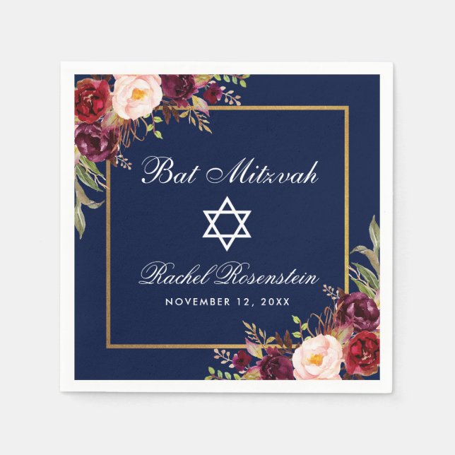 Bat Mitzvah Burgundy Floral Gold Napkin (Front)